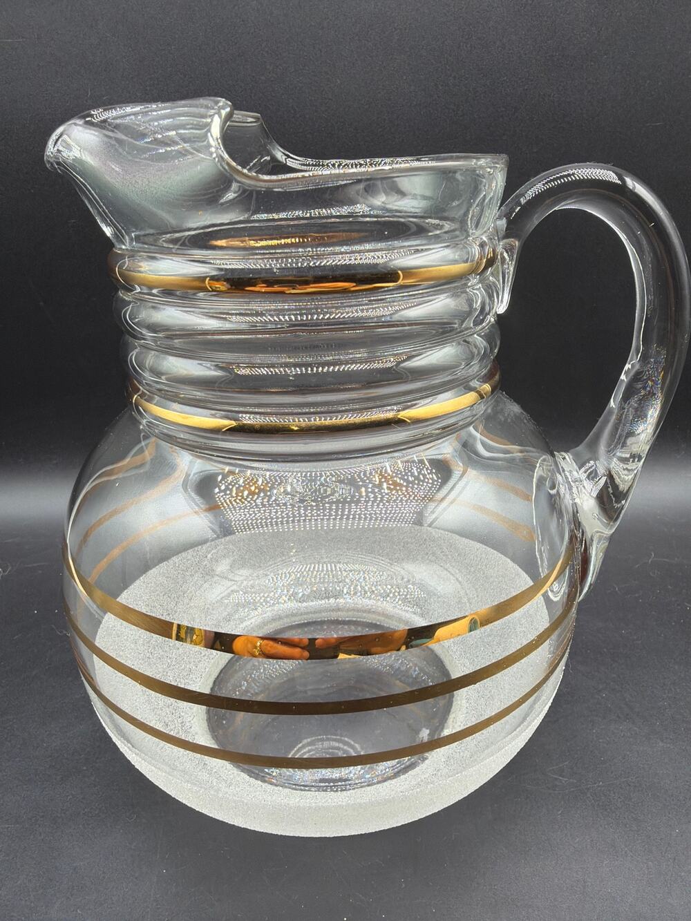 Vintage Frosted Gold Stripe Glass Pitcher 8” Mid Century Barware Juice Carafe